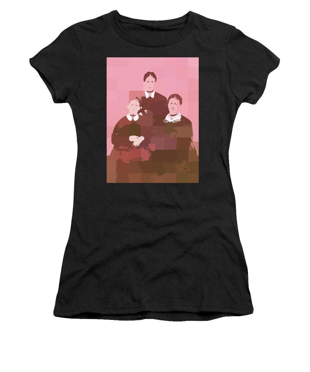 Pink Women's T-Shirt featuring the mixed media Three Vintage Women in Pink Abstract by Shelli Fitzpatrick