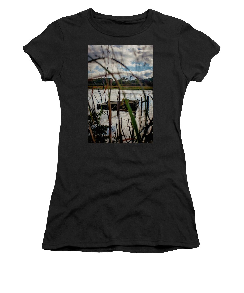 Claiborne Pell Bridge Women's T-Shirt featuring the photograph Through the reeds by Jim Feldman