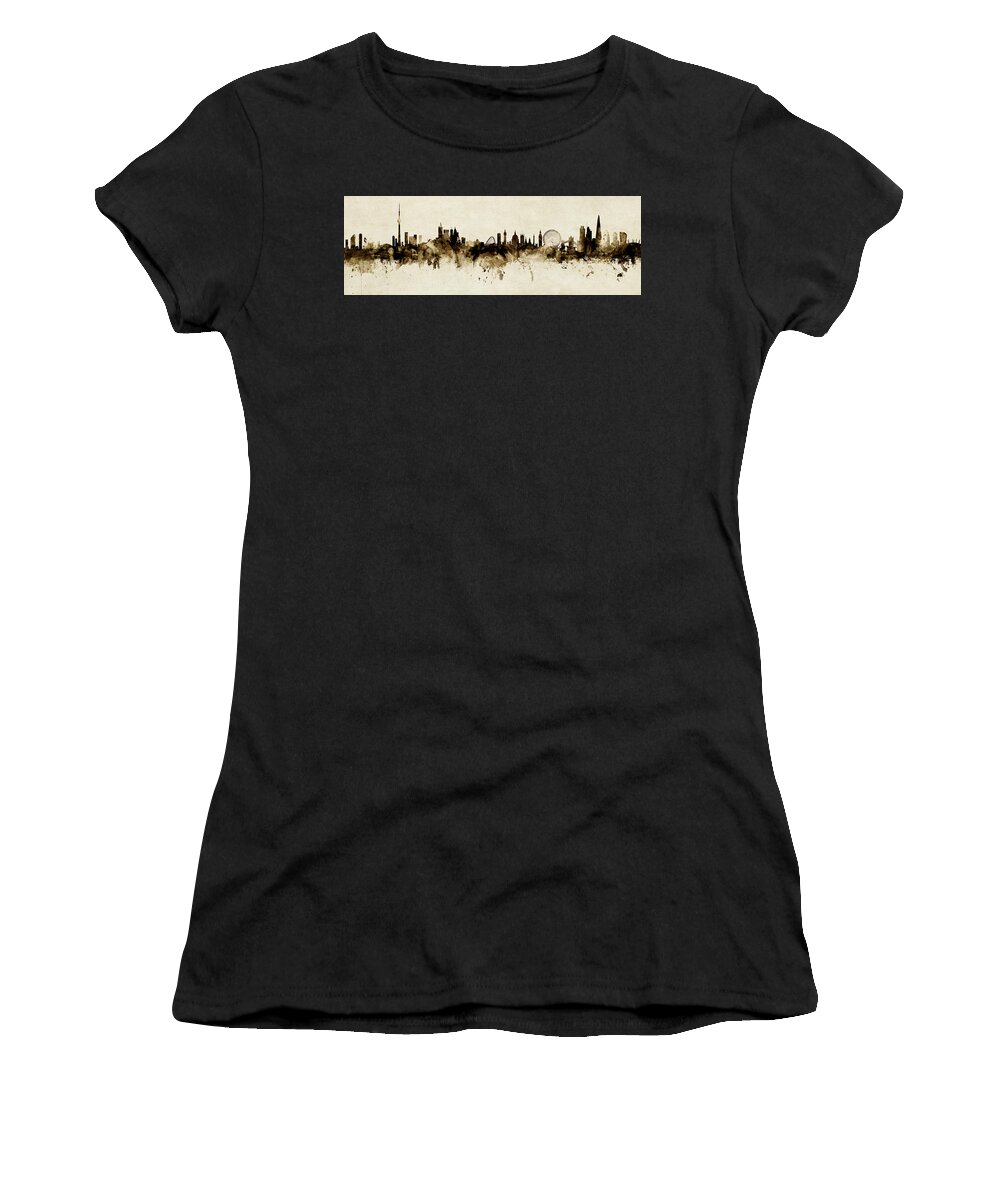 Toronto Women's T-Shirt featuring the digital art Toronto and London Skylines Mashup Vintage by Michael Tompsett