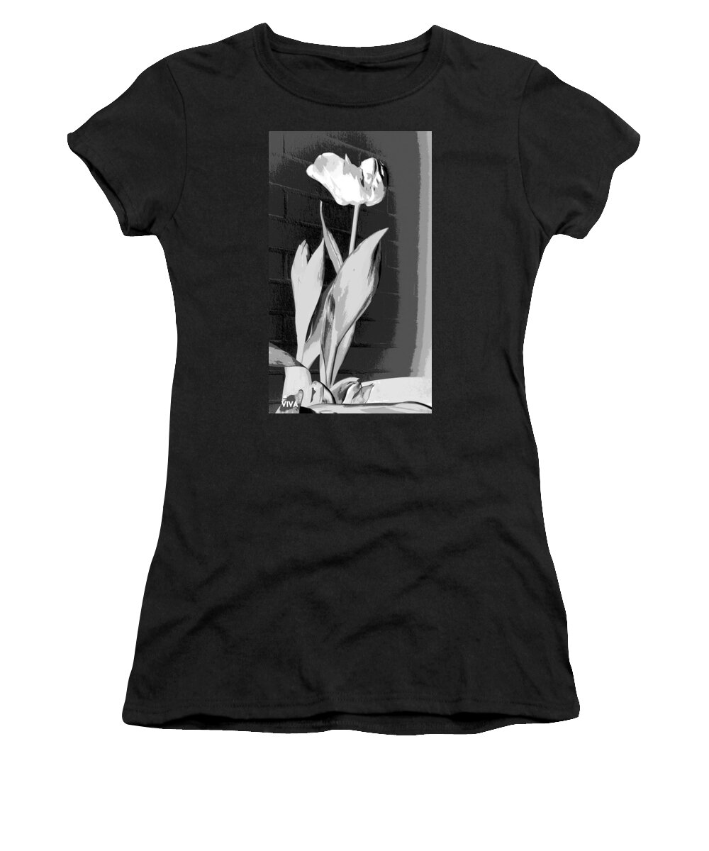 Tulip Viva B-w Women's T-Shirt featuring the photograph Tulip - Drama Queen-b-w by VIVA Anderson