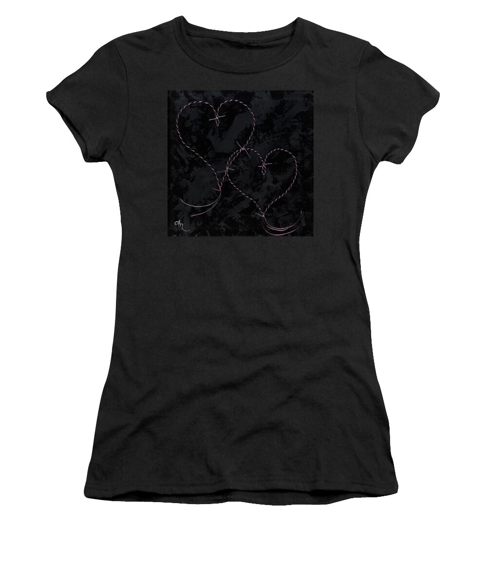 Hearts Women's T-Shirt featuring the mixed media Two Hearts Barbed Violet by Tamara Nelson