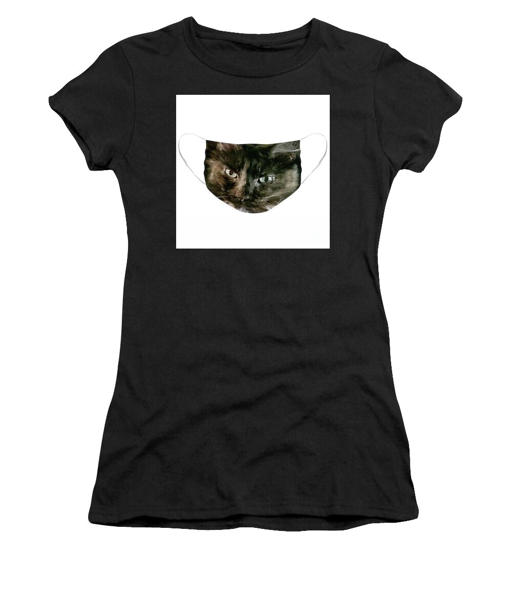 Cat; Kitten; Torti; Torti Cat; Tortoiseshell; Gold; Brown; Black; Green Eyes; Cat Eyes; Kitten Eyes; Macro; Close-up; Photography; Watercolor; Monochrome; Face Mask; Mask Women's T-Shirt featuring the photograph Two Tones Torti Face Mask by Tina Uihlein