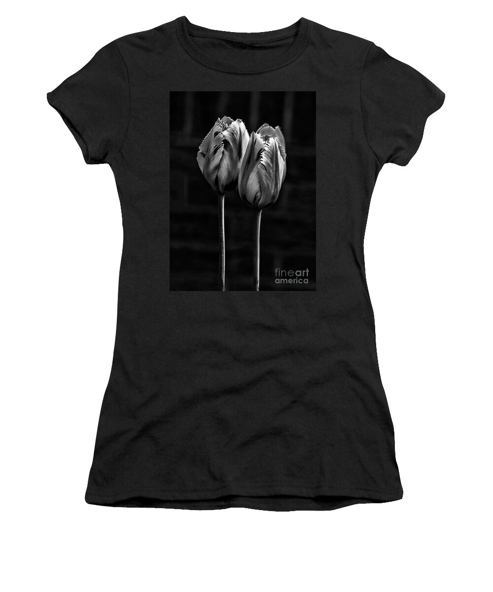 Two Duo Couple Tulips Black White Flowers Stylish Beautiful Delightful Pretty Gorgeous Characters Expressive Close Up Romantic Poetic Creative Minimalist Minimalism Simple Impressions Attractive Charming Inspiration Eccentric Singular Fabulous Fantastic Delicate Gentle Bold Mono Contemporary Impressive Stunning Elegant Tender Touching Passion Expressionistic Interpretative Evocative Romance Simplicity Togetherness Together Associative Spiritual Happy Aesthetic Idyllic Meaningful Sentimental Women's T-Shirt featuring the photograph togetherness - DUO TULIPS, STRONG CONTRAST EFFECTIVE BLACK AND WHITE FLOWERS by Tatiana Bogracheva