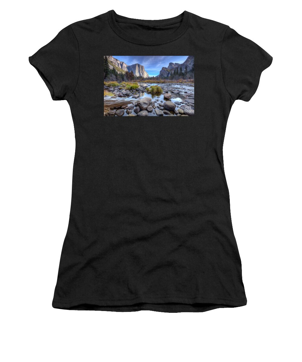 Valley View Yosemite National Park Reflections Of El Capitan In The Merced River Women's T-Shirt featuring the photograph Valley View Yosemite National Park Reflections of El Capitan in the Merced River by Dustin K Ryan