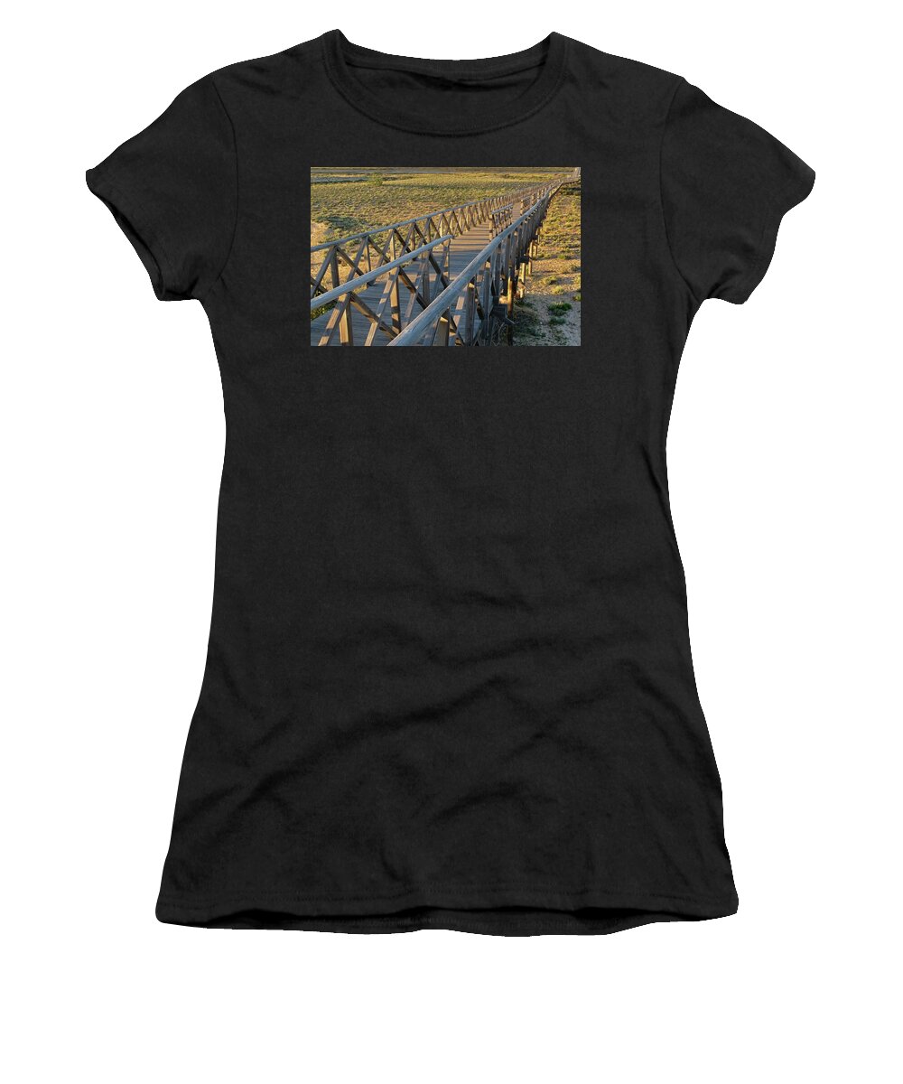 Quinta Do Lago Women's T-Shirt featuring the photograph View of the wooden bridge in Quinta do Lago by Angelo DeVal