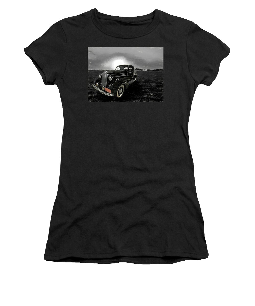 Classic Cars Women's T-Shirt featuring the mixed media Vintage 1936 Buick Classic Motorcar Sunset Beach by Joan Stratton