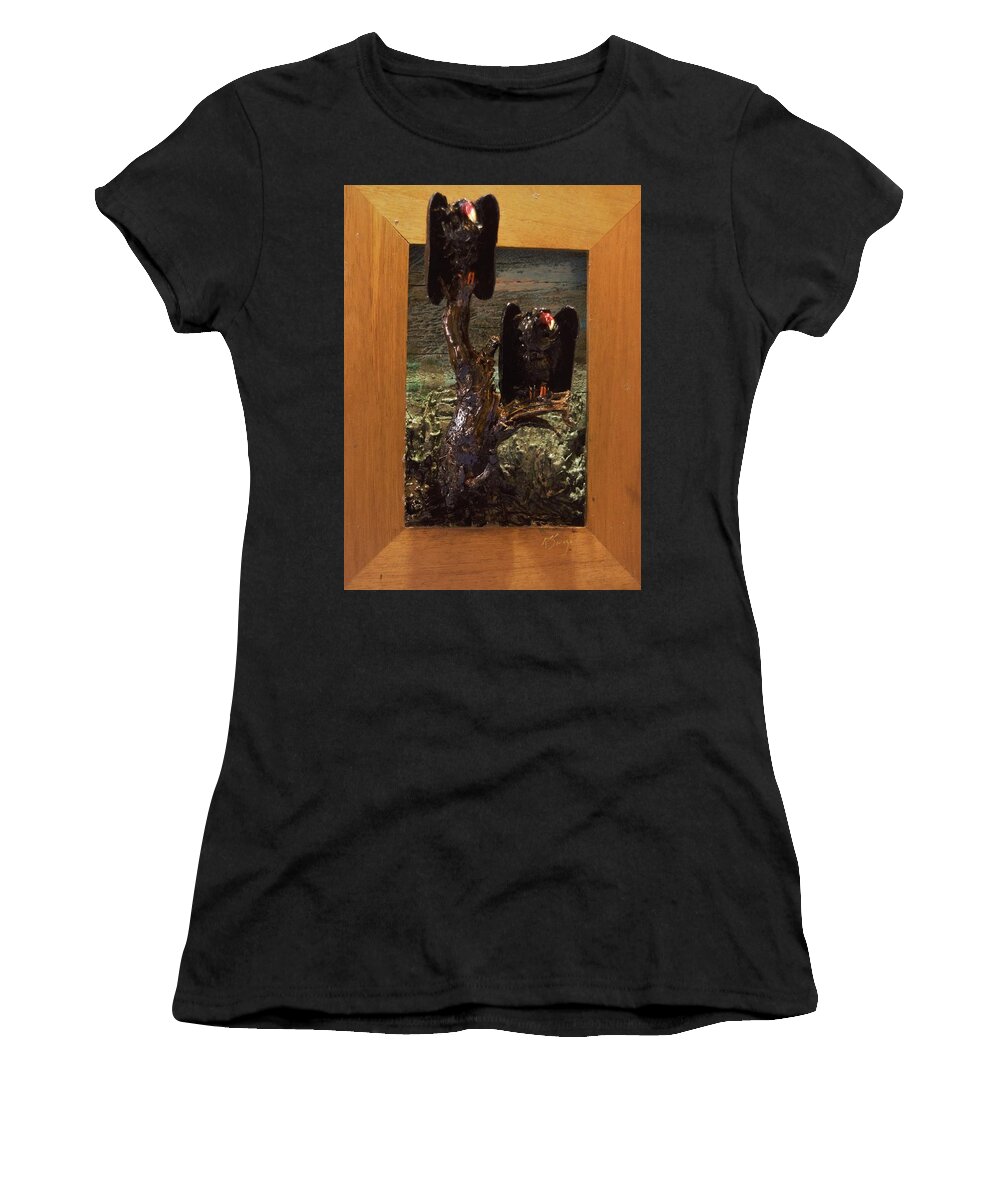 Perched Vultures Women's T-Shirt featuring the mixed media Vultures Projecting from Frame by Roger Swezey