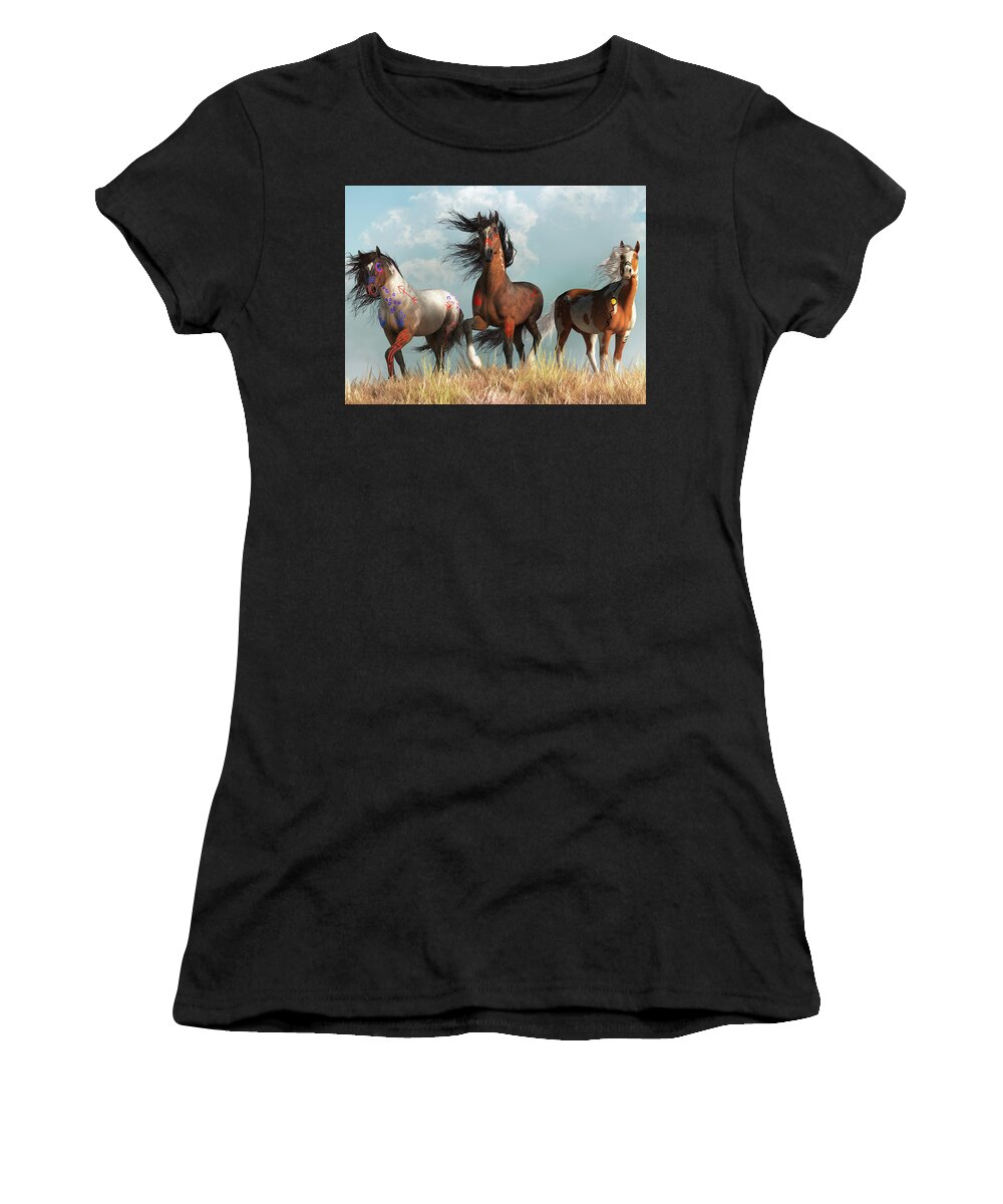 Three Warriors Women's T-Shirt featuring the digital art Warrior Horses in War Paint by Daniel Eskridge