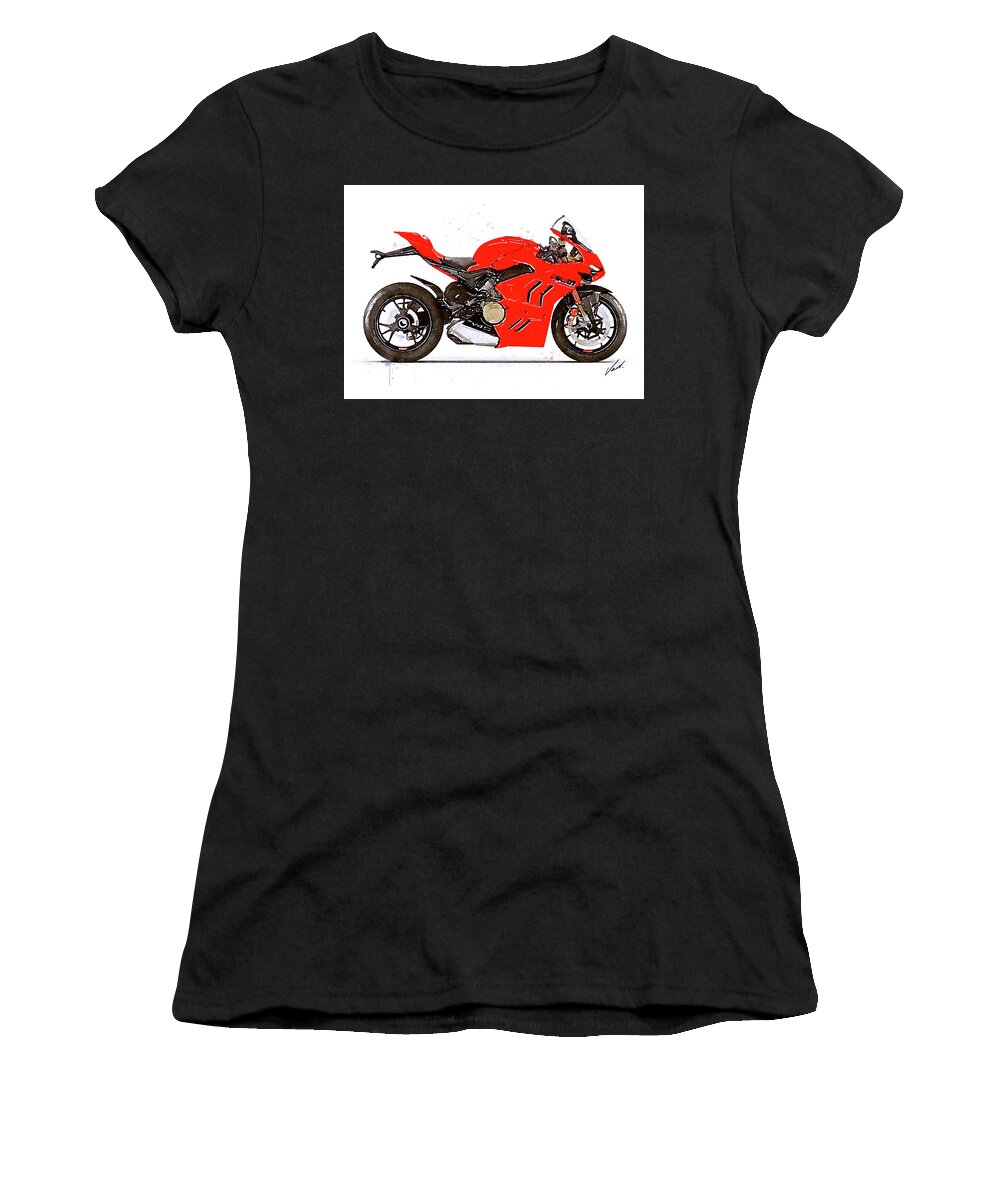 Sport Women's T-Shirt featuring the painting Watercolor Ducati Panigale V4S 2022 motorcycle - oryginal artwork by Vart. by Vart Studio