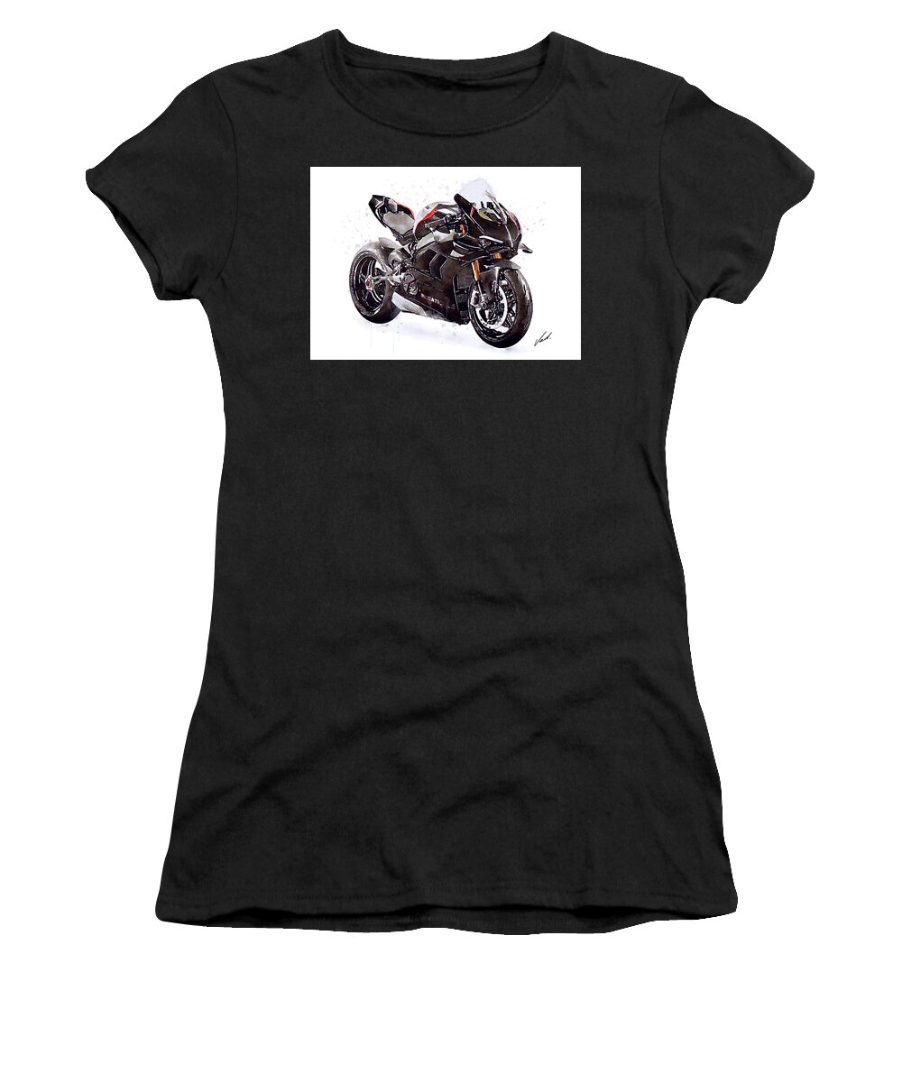 Sport Women's T-Shirt featuring the painting Watercolor Ducati Panigale V4SP 2022 motorcycle, oryginal artwork by Vart. by Vart Studio