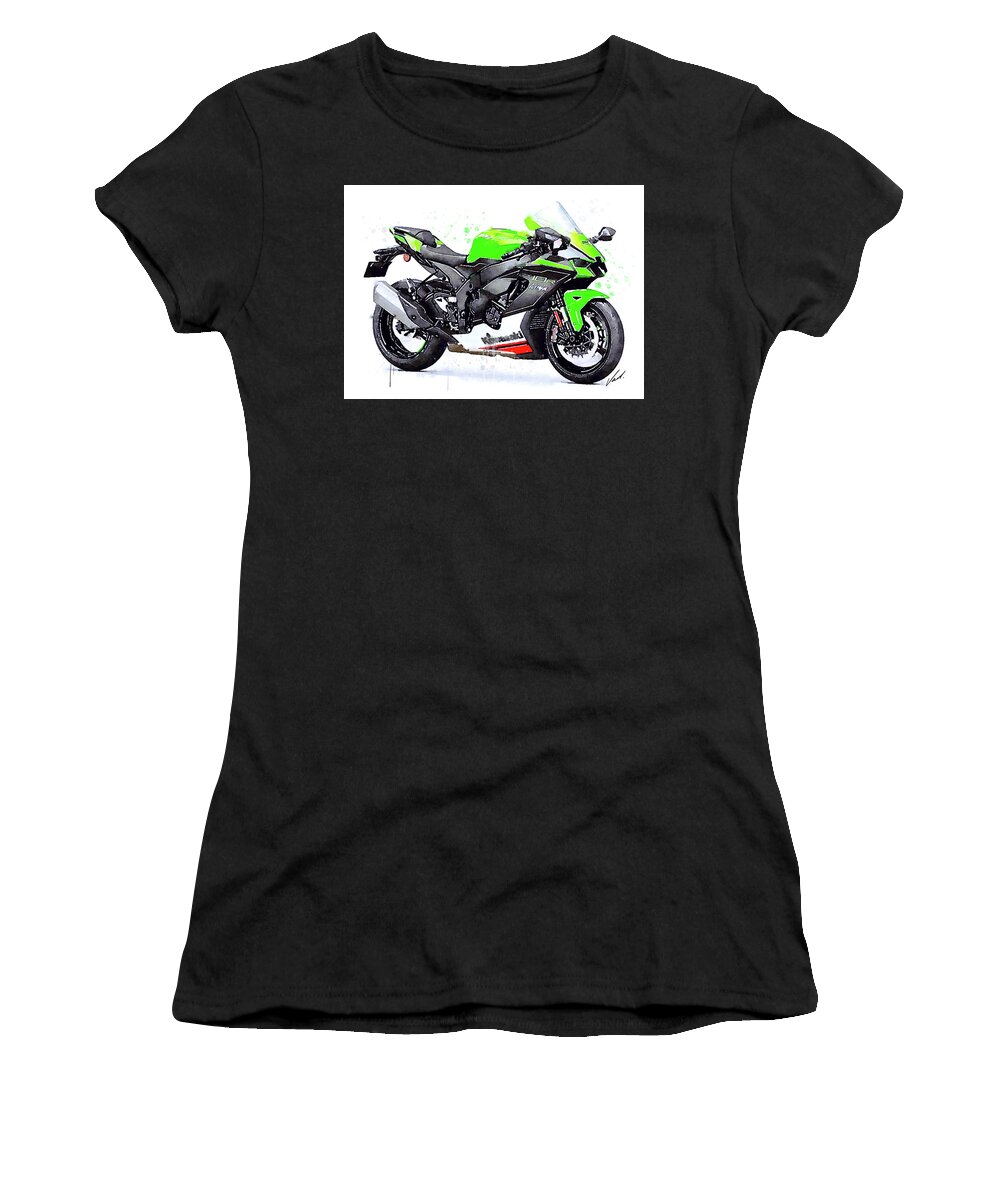 Sport Women's T-Shirt featuring the painting Watercolor Kawasaki Ninja ZX10R motorcycle - oryginal artwork by Va by Vart Studio