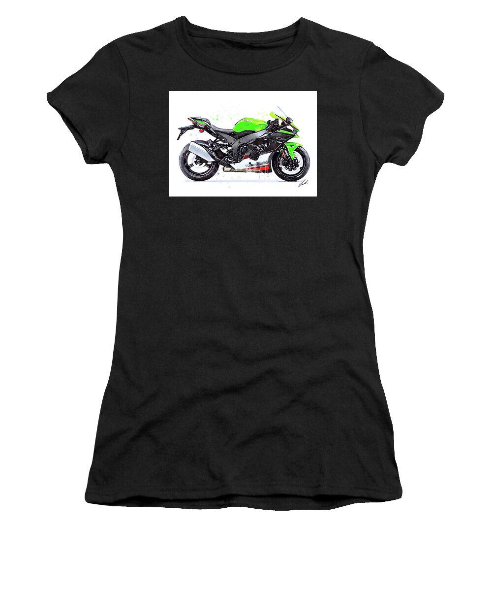 Sport Women's T-Shirt featuring the painting Watercolor Kawasaki Ninja ZX10R motorcycle - oryginal artwork by Vart. by Vart Studio