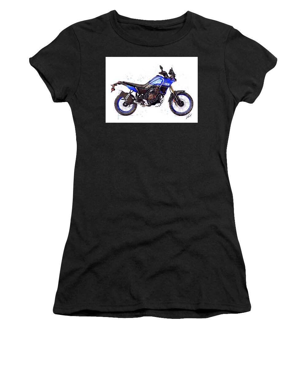 Adventure Women's T-Shirt featuring the painting Watercolor Yamaha Tenere 700 blue motorcycle - oryginal artwork by Vart. by Vart Studio