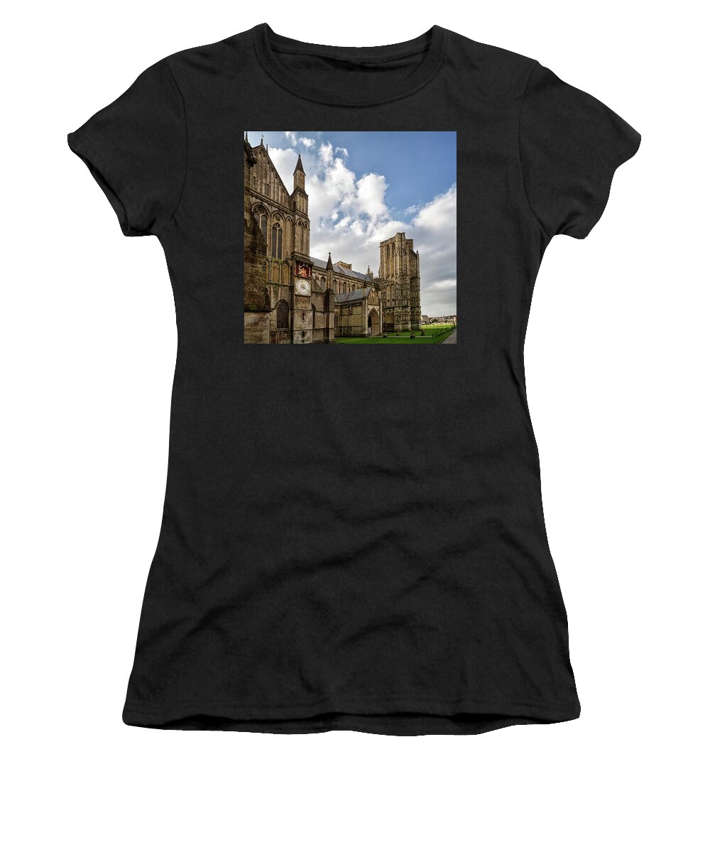 Wells Women's T-Shirt featuring the photograph Wells Cathedral and Clock by Shirley Mitchell