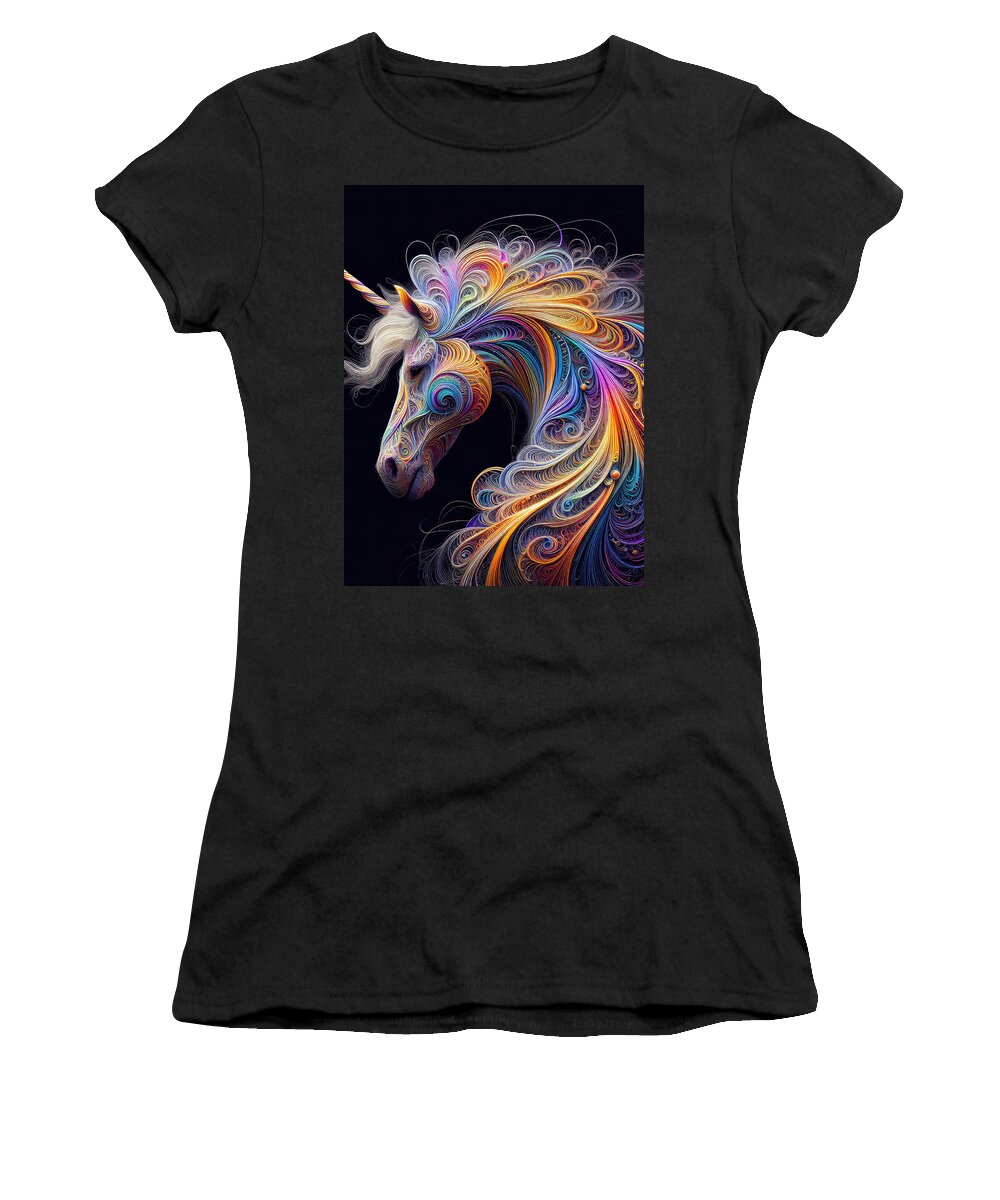Unicorn Women's T-Shirt featuring the photograph Whispering Midnight - A Cosmic Tapestry of Unicorn Enchantment by Bill and Linda Tiepelman