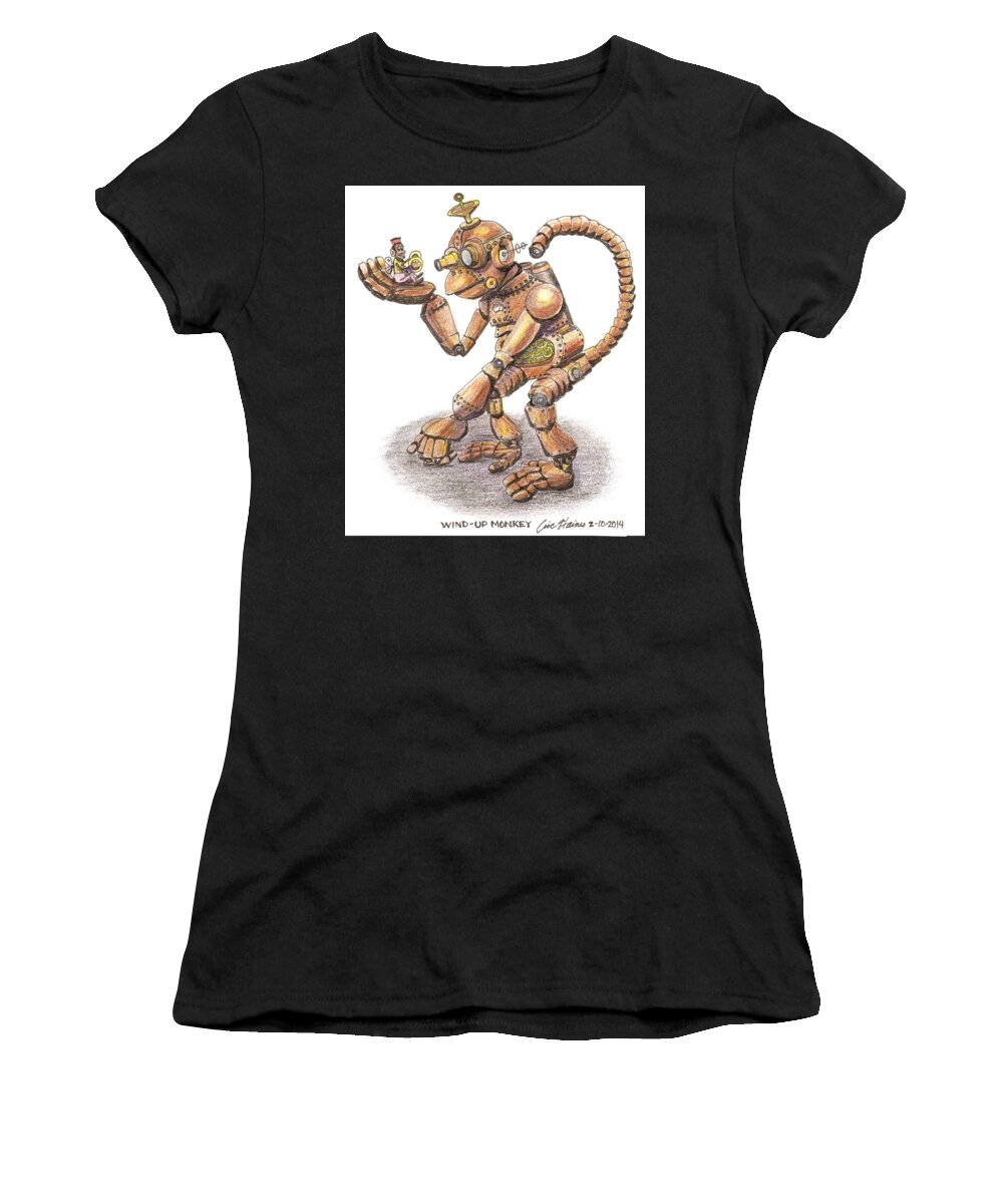 Steampunk Women's T-Shirt featuring the drawing Wind Up Monkey by Eric Haines