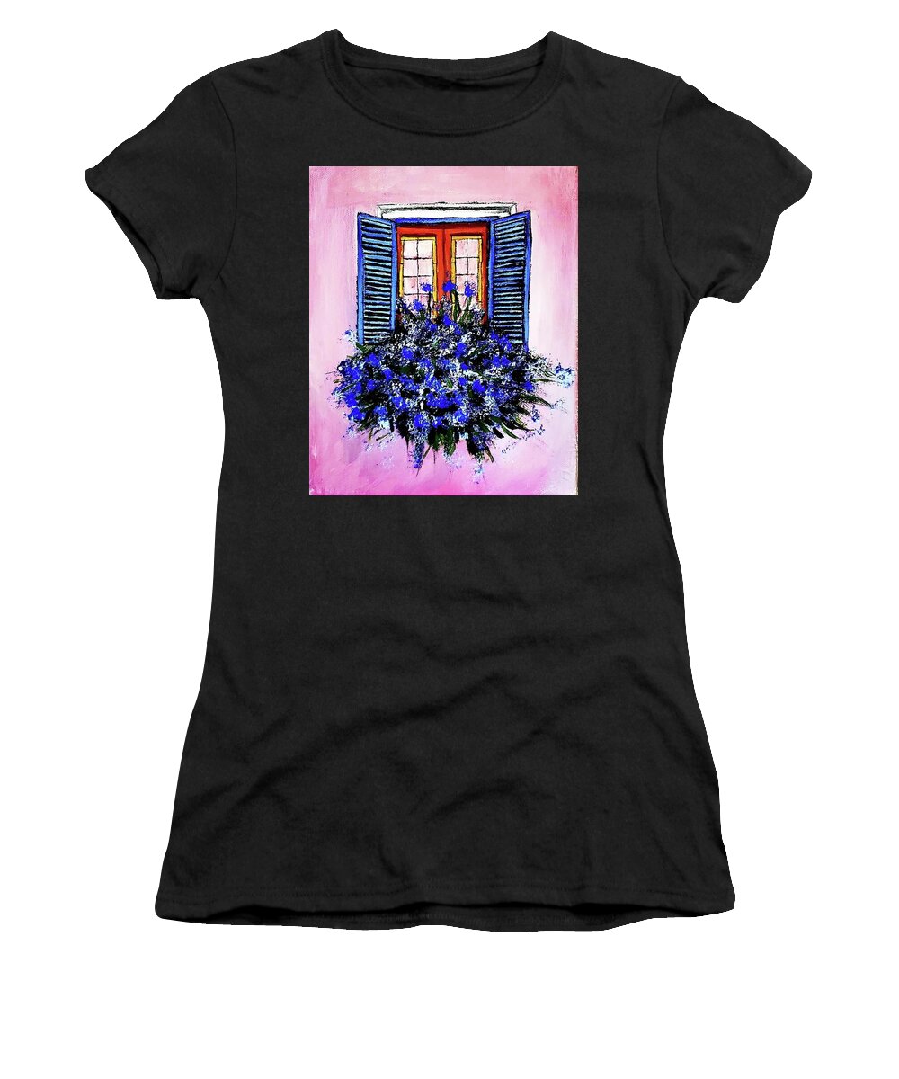  Women's T-Shirt featuring the painting Window Box with Blue Flowers by Amy Kuenzie