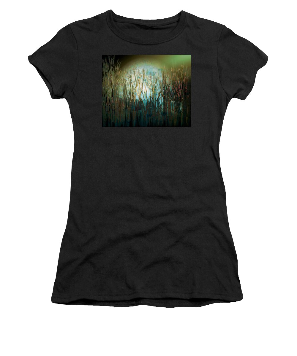 Full Moon Women's T-Shirt featuring the painting Winter Full Moon Rising Behind Trees Watercolour by Joan Stratton
