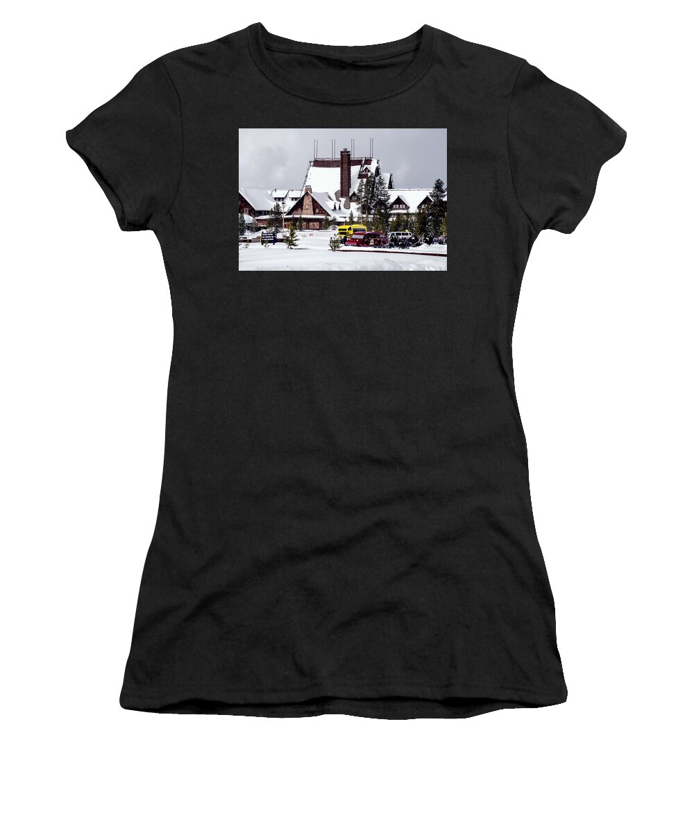 Fine Art Women's T-Shirt featuring the photograph Winter, Old Faithful Inn, Yellowstone National Park by Greg Sigrist