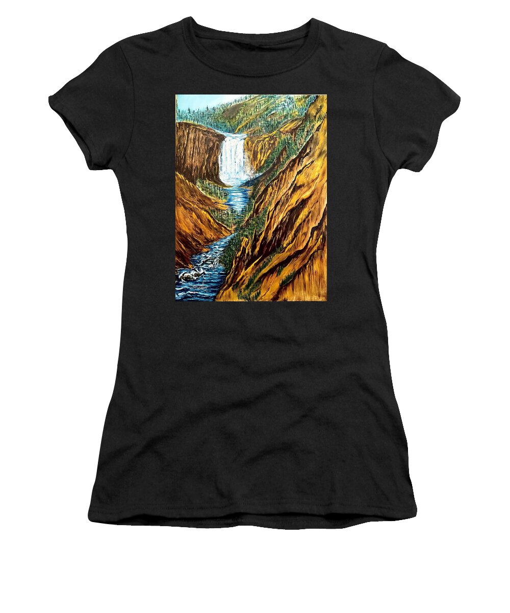 Yellowstone Falls And Canyon Women's T-Shirt featuring the painting Yellowstone Falls and Canyon by Michael Silbaugh
