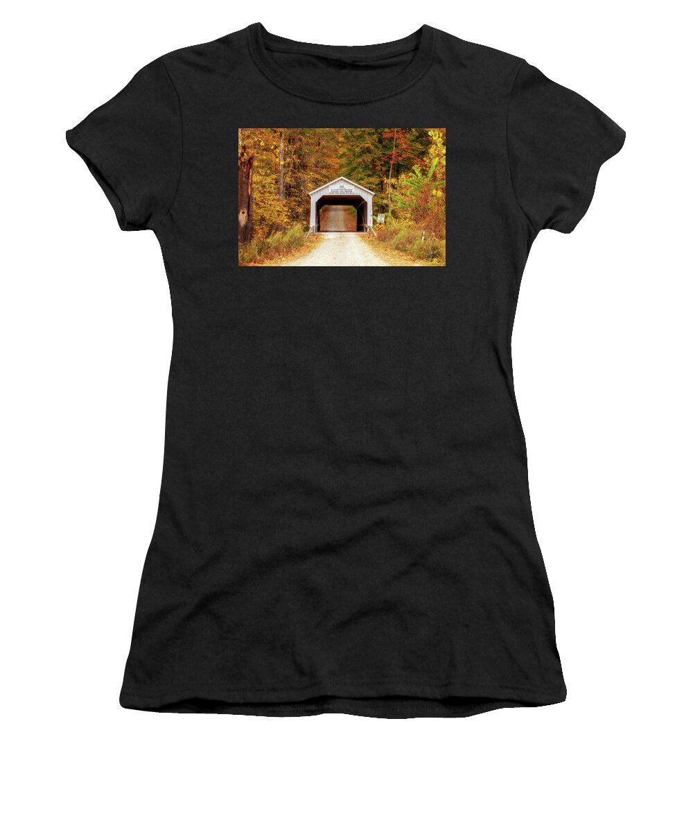 Parke County Women's T-Shirt featuring the photograph Zacke Cox Bridge in Autumn by Susan Rissi Tregoning