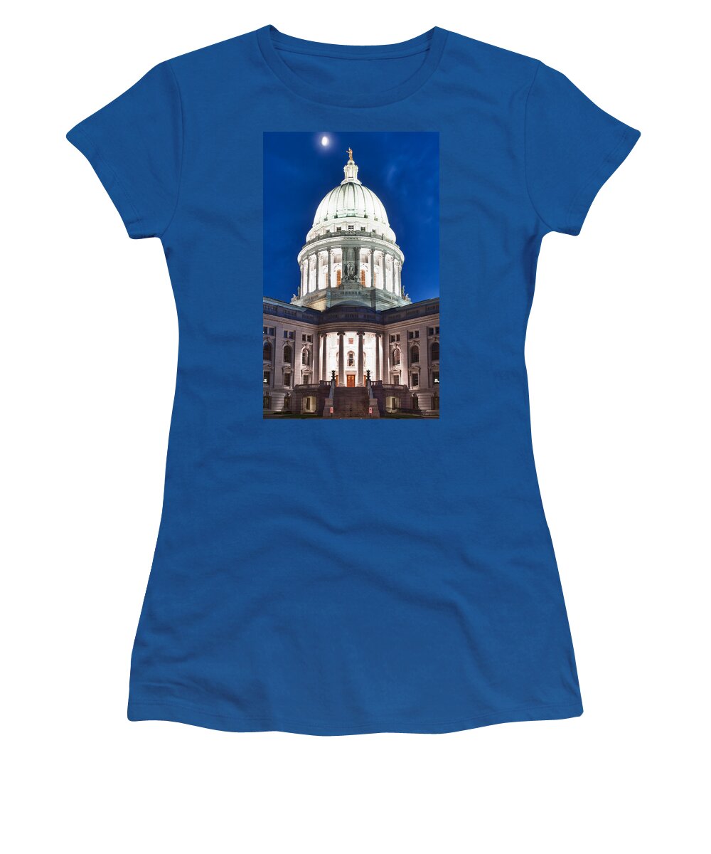Clouds Women's T-Shirt featuring the photograph Wisconsin State Capitol Building at Night #2 by Sebastian Musial