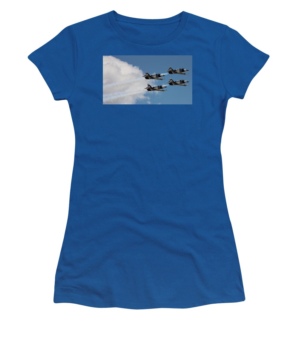 Black Diamond Jet Team Women's T-Shirt featuring the photograph Black Diamond L-39s in Flight by Josh Bryant