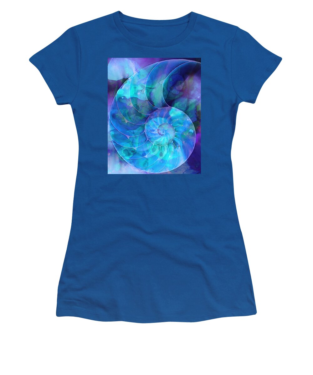 Blue Women's T-Shirt featuring the painting Blue Nautilus Shell By Sharon Cummings by Sharon Cummings