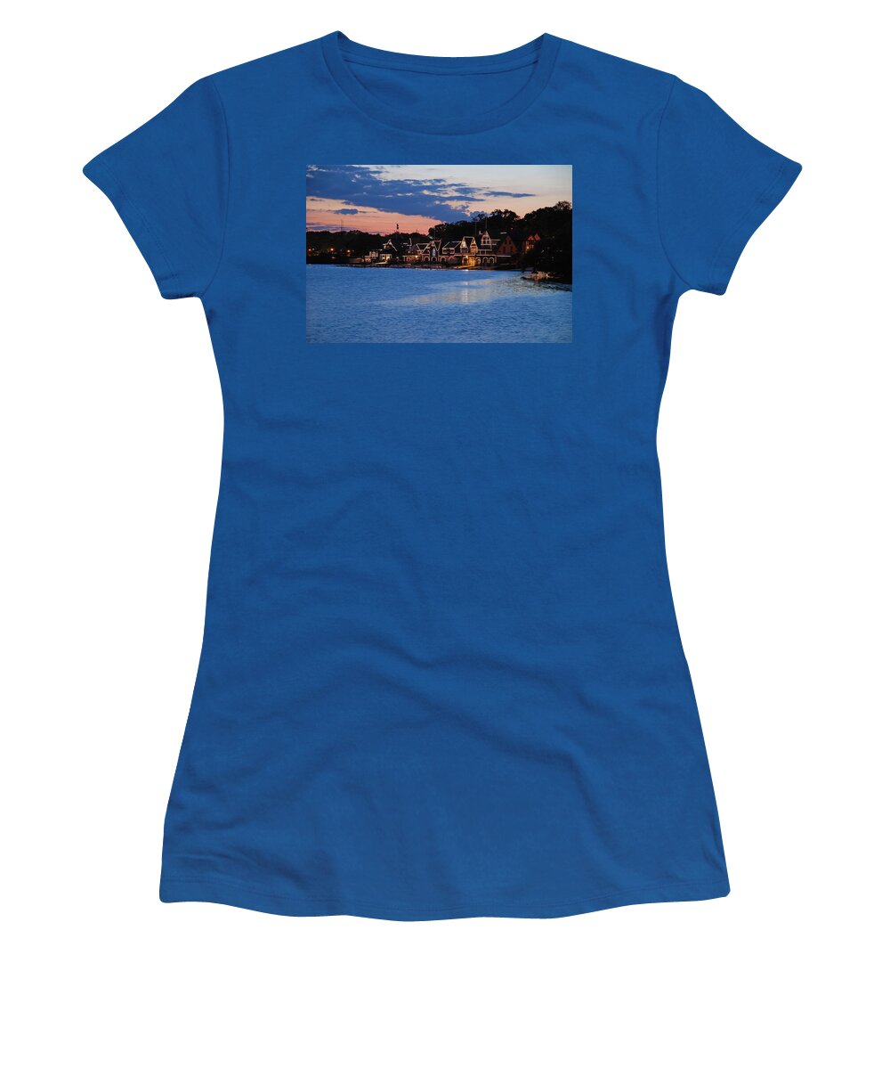 Boathouse Row Women's T-Shirt featuring the photograph Boathouse Row dusk by Jennifer Ancker