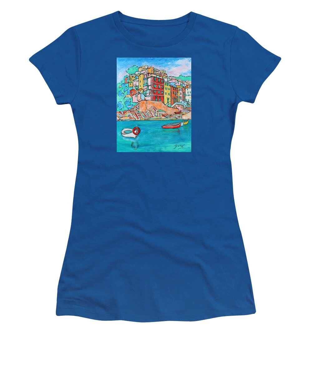 Cinqueterre Women's T-Shirt featuring the painting Boats In Front Of The Buildings X by Xueling Zou