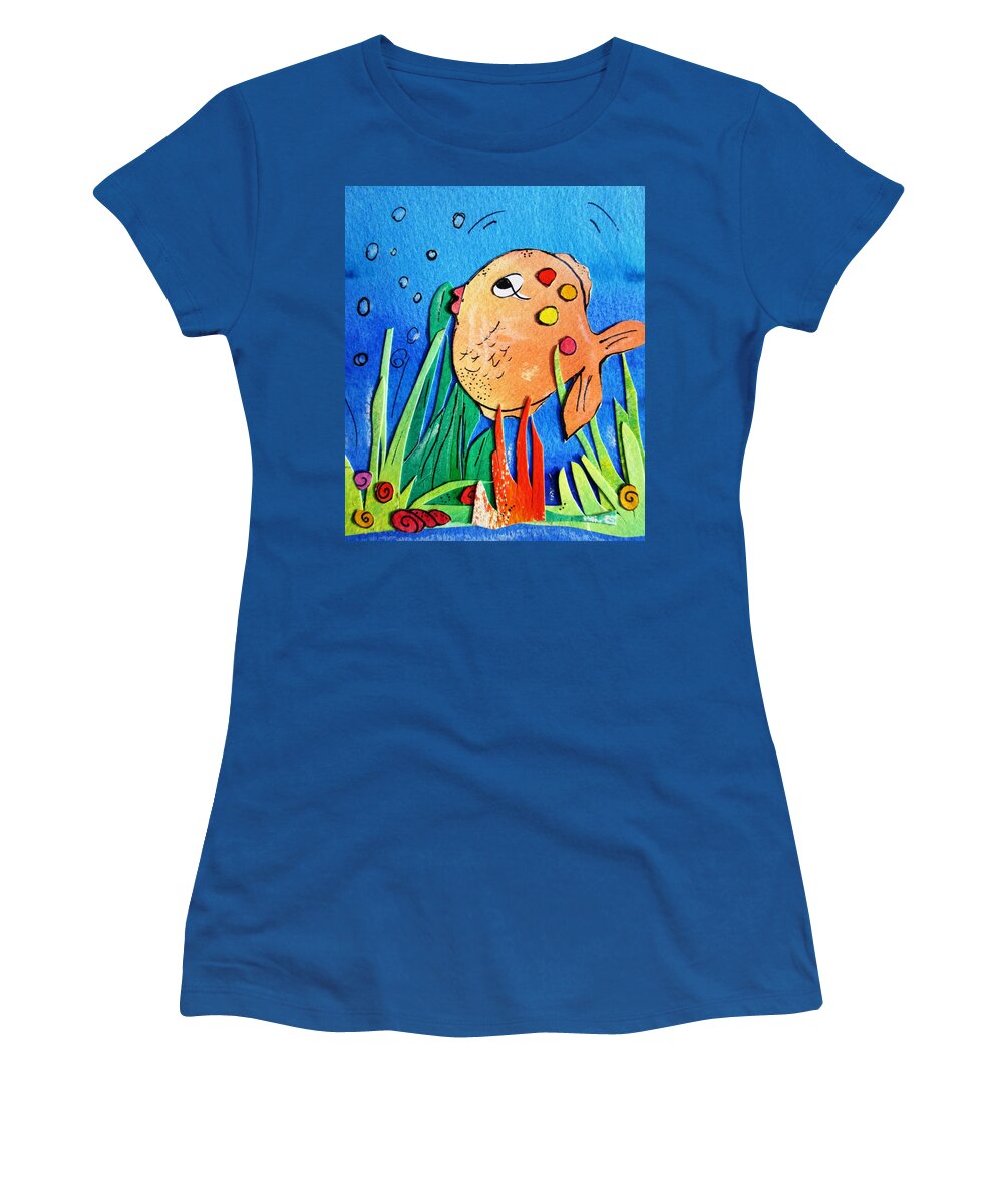 Funny Women's T-Shirt featuring the painting Cheeky fish -ideal for bathrooms by Mary Cahalan Lee - aka PIXI