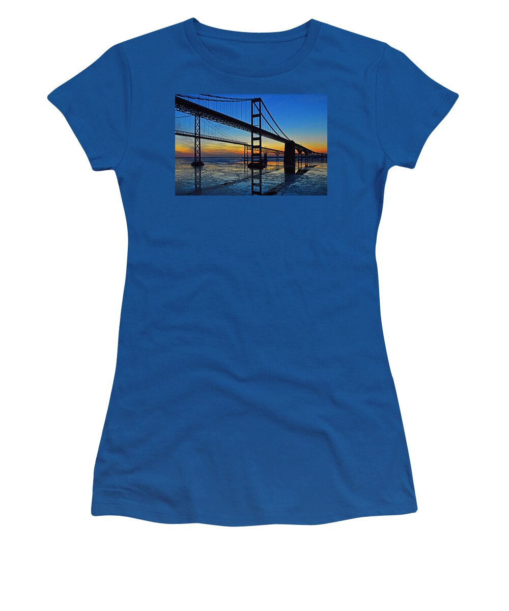Chesapeake Bay Bridge Women's T-Shirt featuring the photograph Chesapeake Bay Bridge Reflections by Bill Swartwout