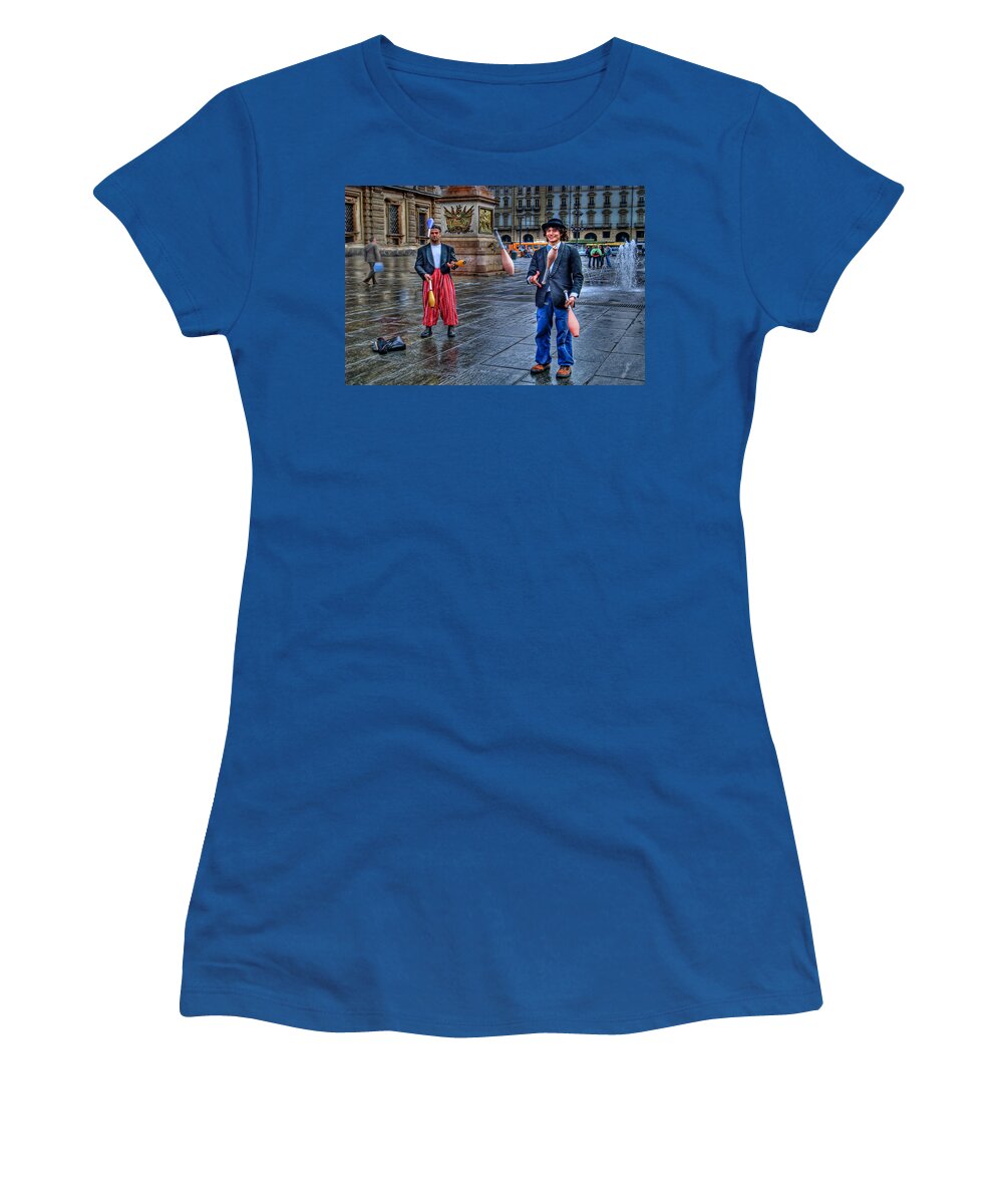 Jugglers Women's T-Shirt featuring the photograph City Jugglers by Ron Shoshani