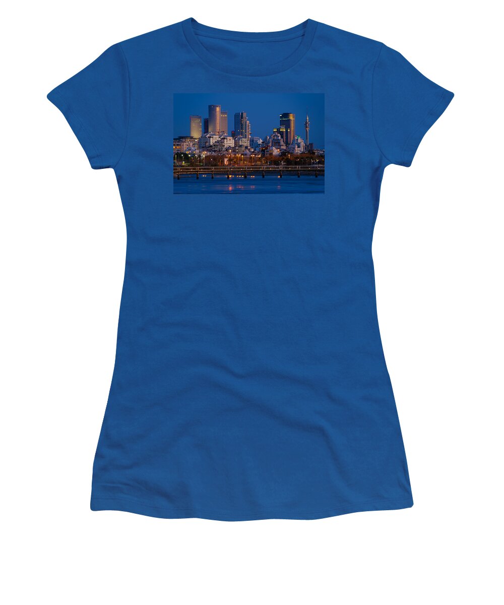 Kaballah Women's T-Shirt featuring the photograph city lights and blue hour at Tel Aviv by Ron Shoshani