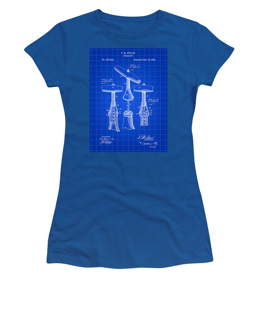 Corkscrew Women's T-Shirt featuring the digital art Corkscrew Patent 1883 - Blue by Stephen Younts