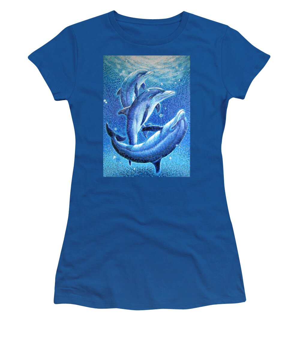 Playful Women's T-Shirt featuring the painting Dolphin Trio by Mia Tavonatti