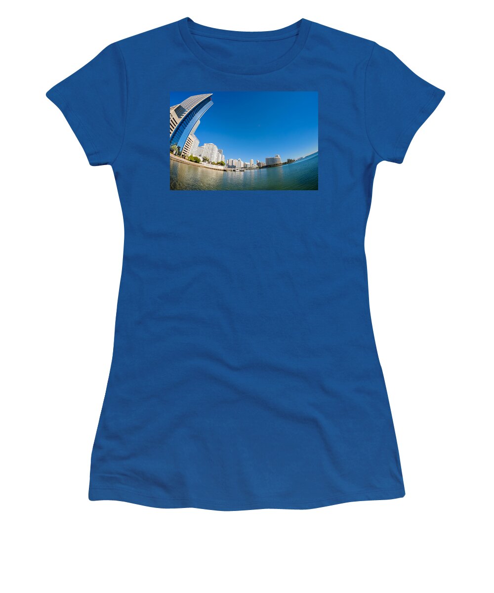 Architecture Women's T-Shirt featuring the photograph Downtown Miami Bay Fisheye by Raul Rodriguez