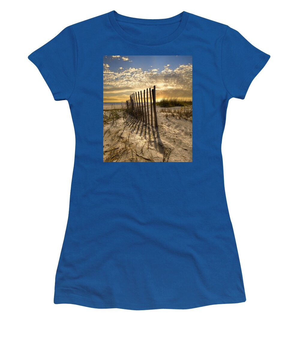 Clouds Women's T-Shirt featuring the photograph Dune Fence at Sunrise by Debra and Dave Vanderlaan