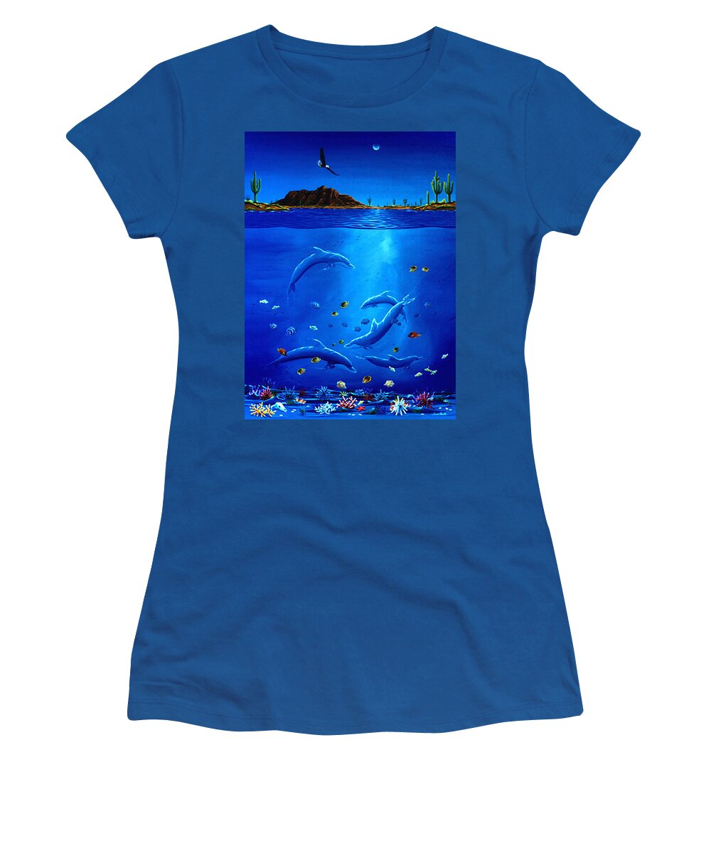 Eagle Women's T-Shirt featuring the painting Eagle Over Dolphins by Lance Headlee