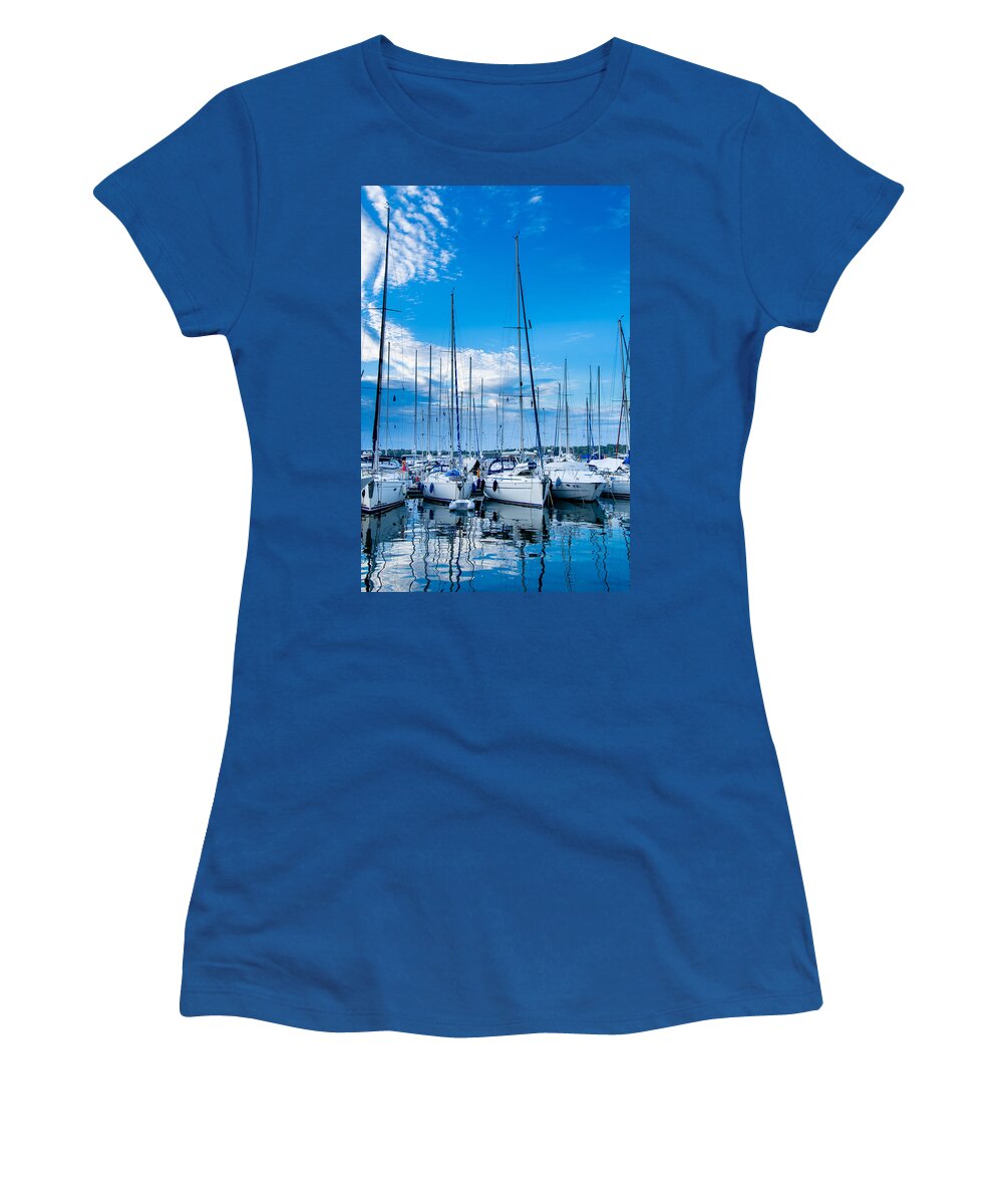 Boat Women's T-Shirt featuring the photograph Evening harbour with sailboats by Andreas Berthold