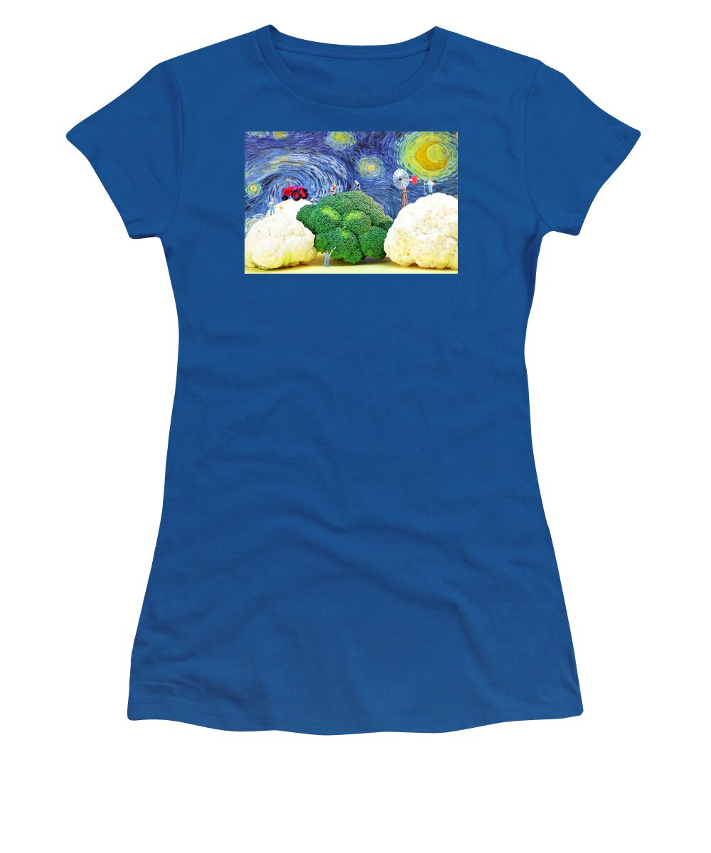 Agriculture Women's T-Shirt featuring the photograph Farming on broccoli and cauliflower under starry night by Paul Ge