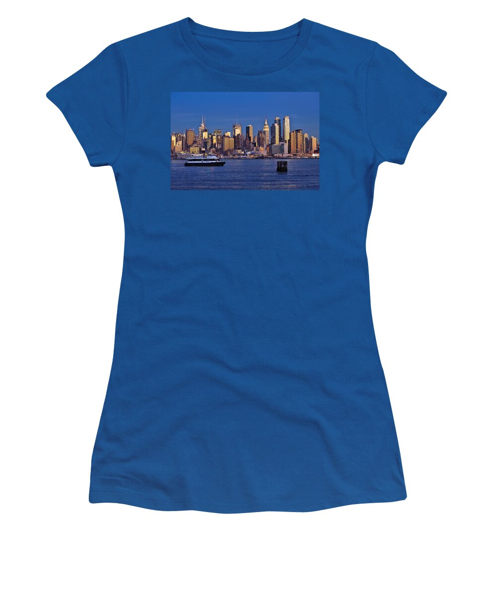 Best New York Skyline Photos Women's T-Shirt featuring the photograph Ferry past Manhattan by Mitchell R Grosky