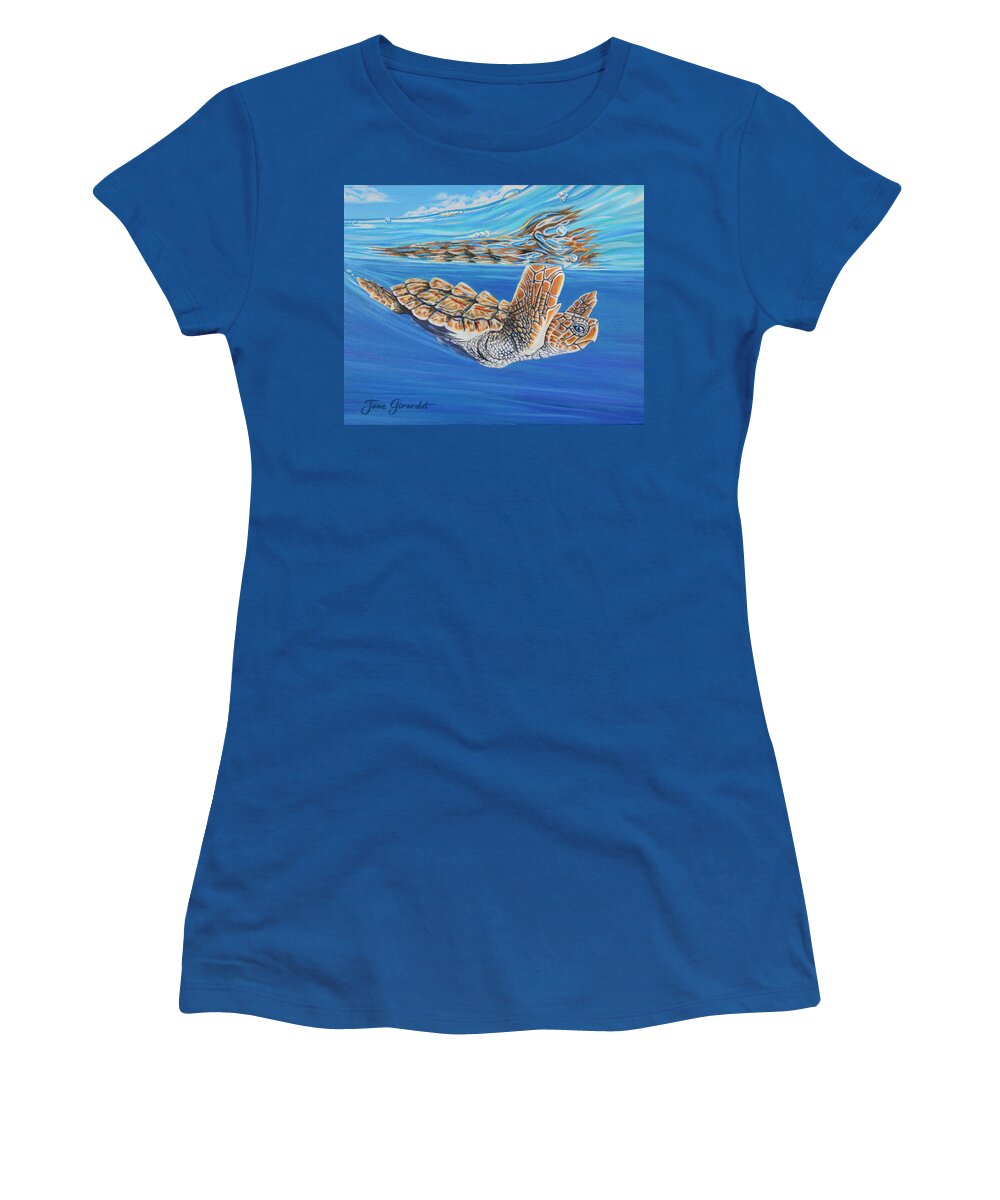 Ocean Women's T-Shirt featuring the painting First Dive by Jane Girardot