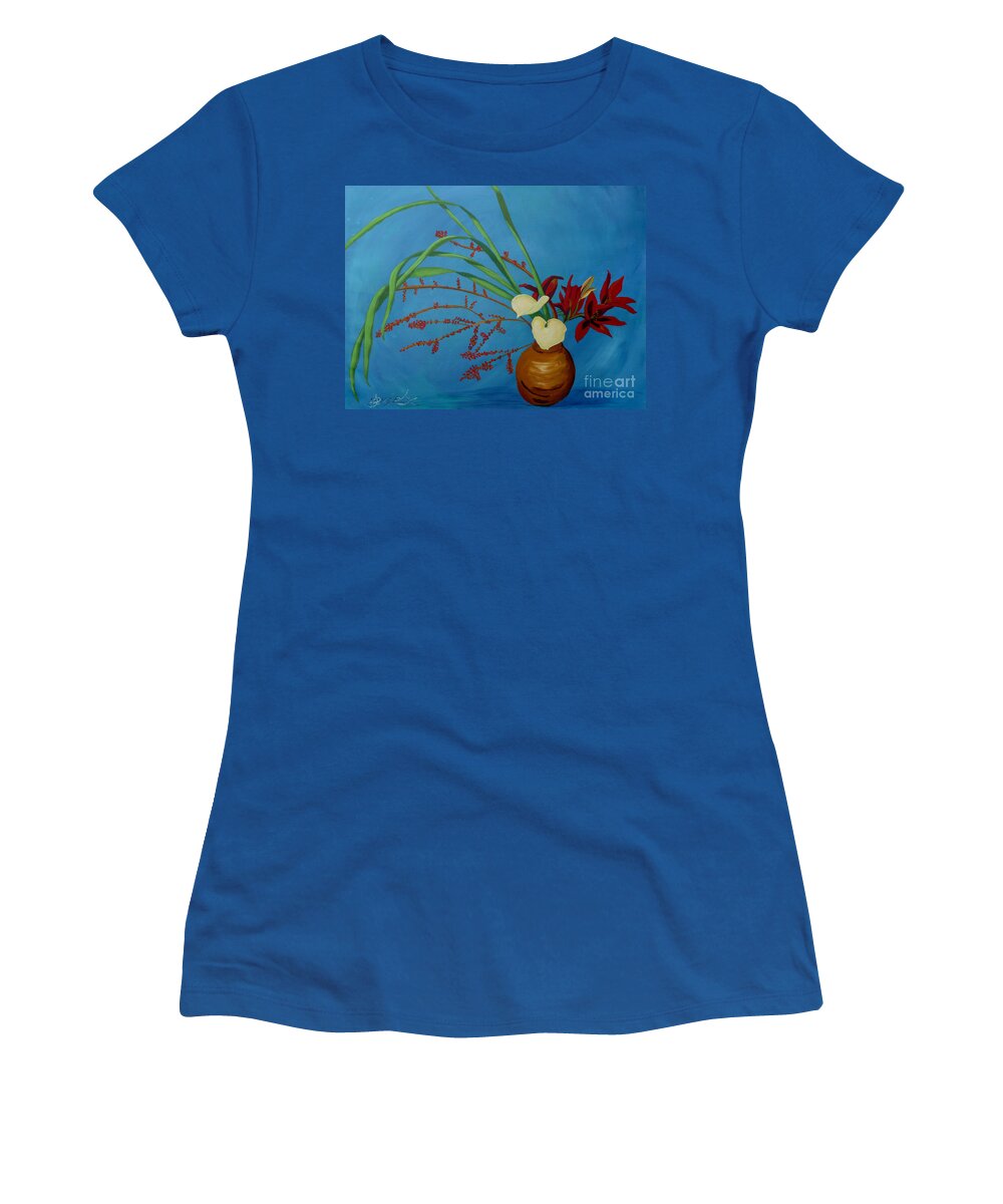 Japan Women's T-Shirt featuring the painting Floral Arrangement on Blue by Anthony Dunphy