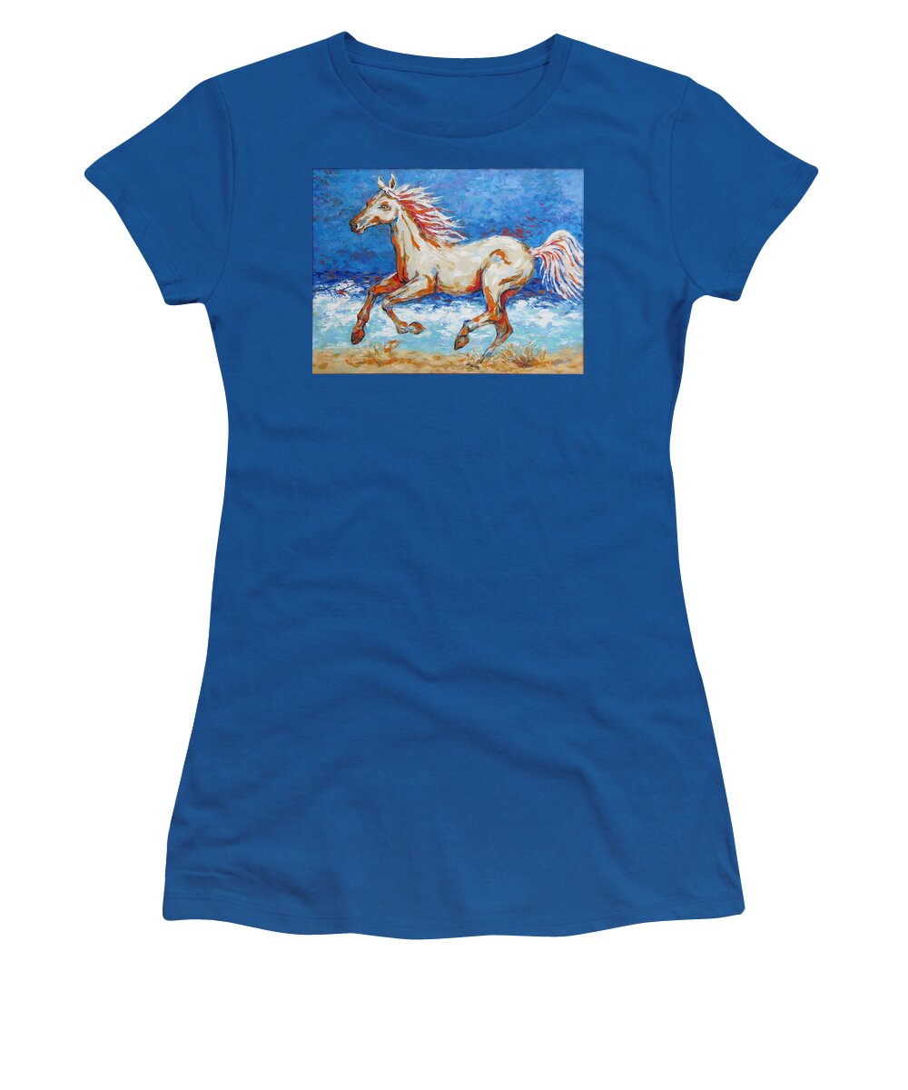  Beach Women's T-Shirt featuring the painting Galloping Horse on Beach by Jyotika Shroff