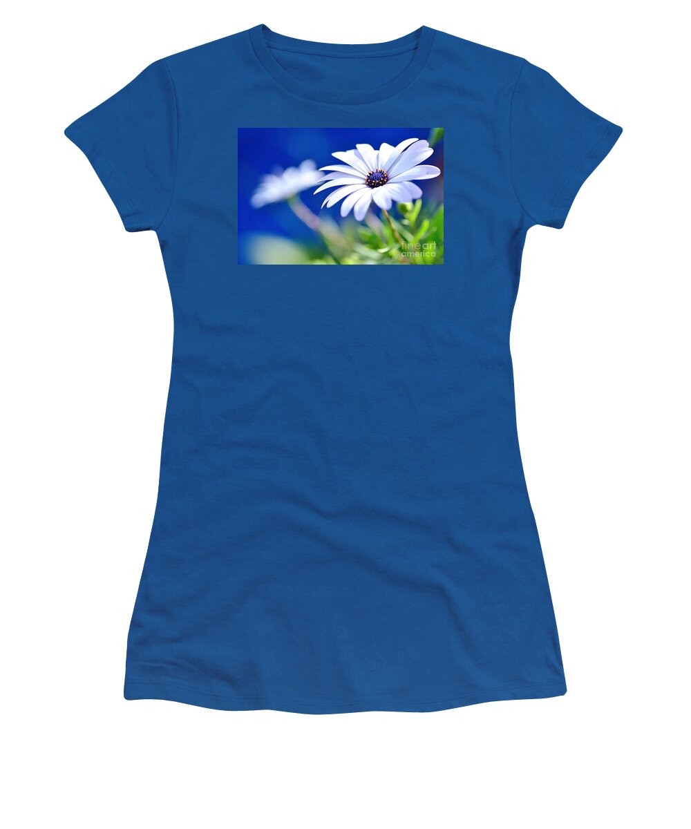 Photography Women's T-Shirt featuring the photograph Happy White Daisy 2- Blue Bokeh by Kaye Menner