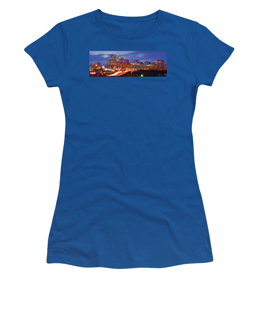 Hartford Skyline At Night Women's T-Shirt featuring the photograph Hartford Skyline at Night Panoramic by Jon Holiday