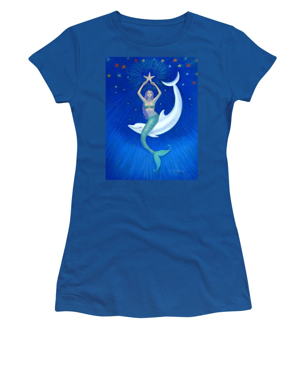 Mermaid Art Women's T-Shirt featuring the painting Mermaids- Dolphin Moon Mermaid by Sue Halstenberg