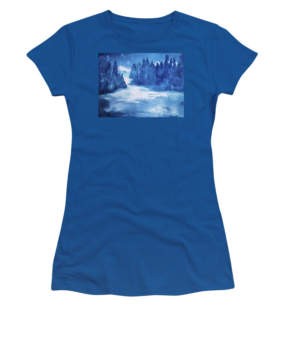 Misty Waterfall Women's T-Shirt featuring the painting Misty Falls by Ellen Levinson