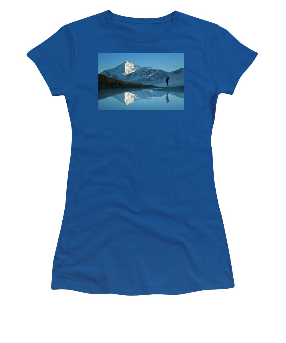 00260031 Women's T-Shirt featuring the photograph Mt Aspiring And Hiker Reflected In Lake by Colin Monteath